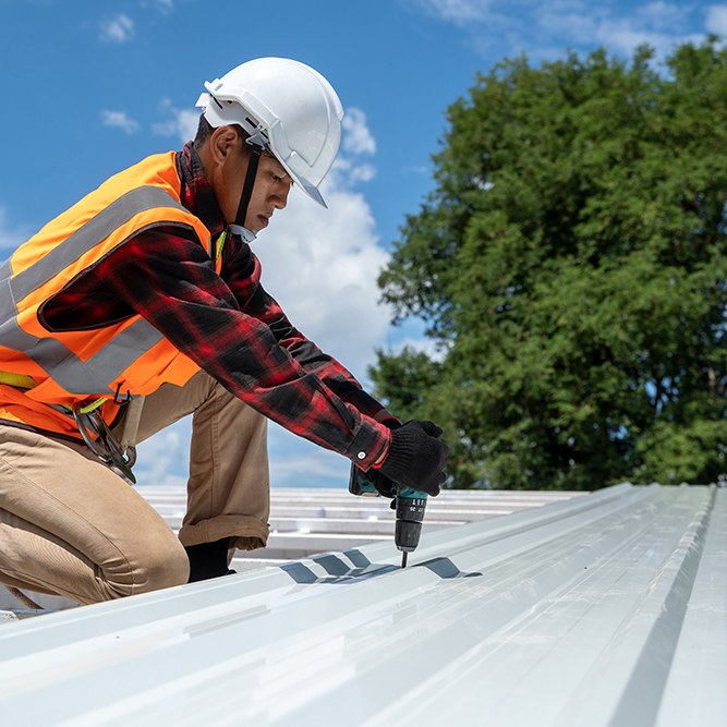 The Roofer technicians work and installing new roof structure on